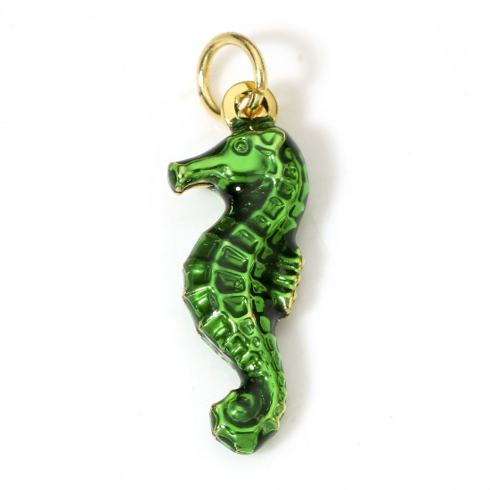 Picture of 1 Piece Brass Ocean Jewelry Charms 18K Real Gold Plated Green Seahorse Animal Enamel 3D 24mm x 8mm