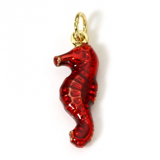 Picture of 1 Piece Brass Ocean Jewelry Charms 18K Real Gold Plated Red Seahorse Animal Enamel 3D 24mm x 8mm