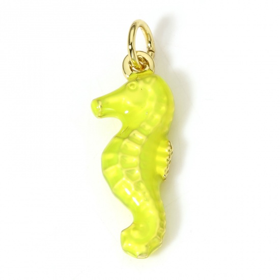 Picture of 1 Piece Brass Ocean Jewelry Charms 18K Real Gold Plated Yellow Seahorse Animal Enamel 3D 24mm x 8mm