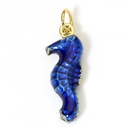 Picture of 1 Piece Brass Ocean Jewelry Charms 18K Real Gold Plated Dark Blue Seahorse Animal Enamel 3D 24mm x 8mm