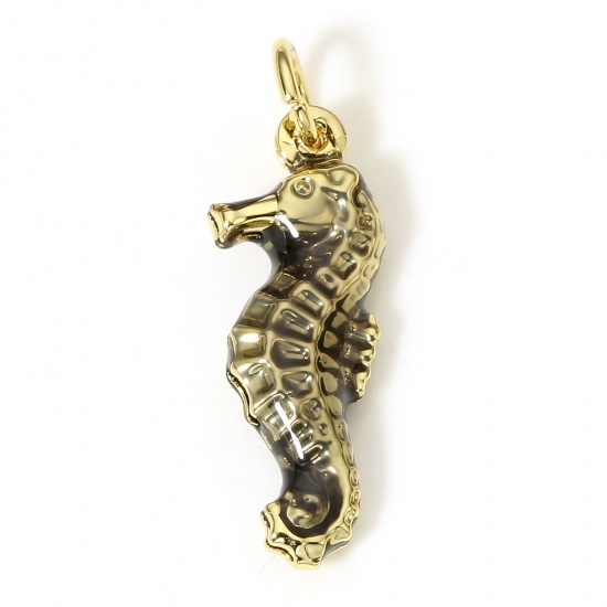 Picture of 1 Piece Brass Ocean Jewelry Charms 18K Real Gold Plated Gray Seahorse Animal Enamel 3D 24mm x 8mm