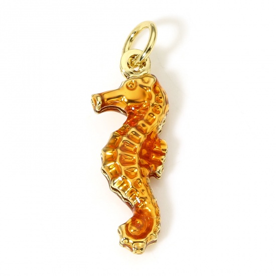Picture of 1 Piece Brass Ocean Jewelry Charms 18K Real Gold Plated Orange Seahorse Animal Enamel 3D 24mm x 8mm