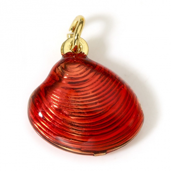 Picture of 1 Piece Brass Ocean Jewelry Charms 18K Real Gold Plated Red Shell Enamel 3D 18mm x 13mm