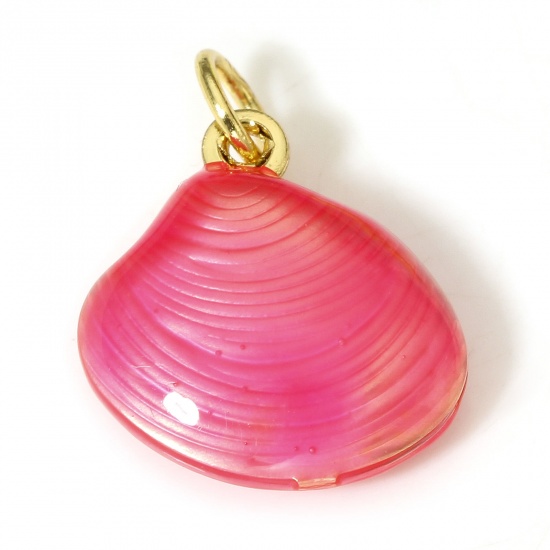Picture of 1 Piece Brass Ocean Jewelry Charms 18K Real Gold Plated Pink Shell Enamel 3D 18mm x 13mm