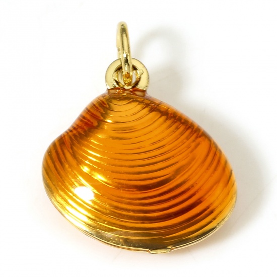 Picture of 1 Piece Brass Ocean Jewelry Charms 18K Real Gold Plated Orange Shell Enamel 3D 18mm x 13mm