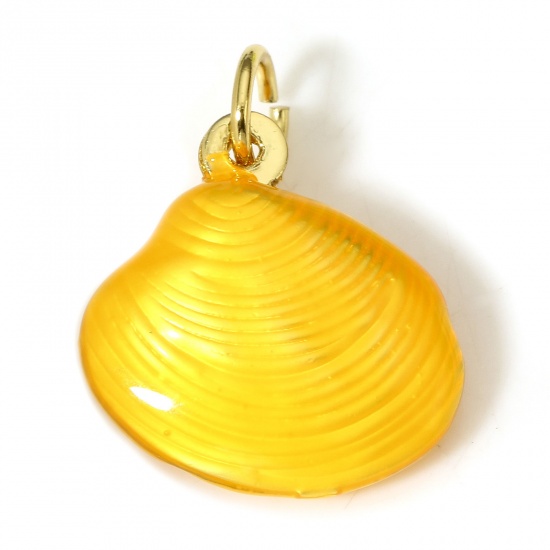 Picture of 1 Piece Brass Ocean Jewelry Charms 18K Real Gold Plated Yellow Shell Enamel 3D 18mm x 13mm