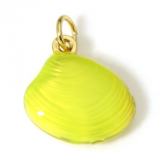 Picture of 1 Piece Brass Ocean Jewelry Charms 18K Real Gold Plated Lemon Yellow Shell Enamel 3D 18mm x 13mm