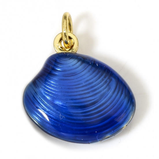 Picture of 1 Piece Brass Ocean Jewelry Charms 18K Real Gold Plated Dark Blue Shell Enamel 3D 18mm x 13mm