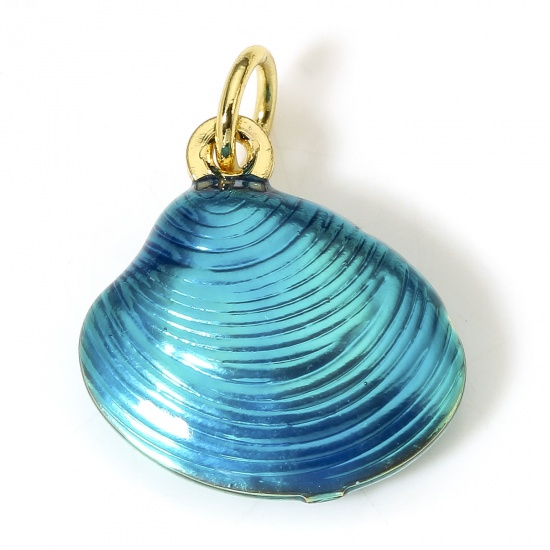 Picture of 1 Piece Brass Ocean Jewelry Charms 18K Real Gold Plated Peacock Blue Shell Enamel 3D 18mm x 13mm