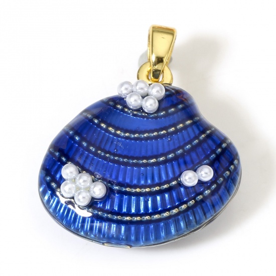 Picture of 1 Piece Brass Ocean Jewelry Charm Pendant 18K Real Gold Plated Dark Blue Shell Acrylic Imitation Pearl 24mm x 20mm