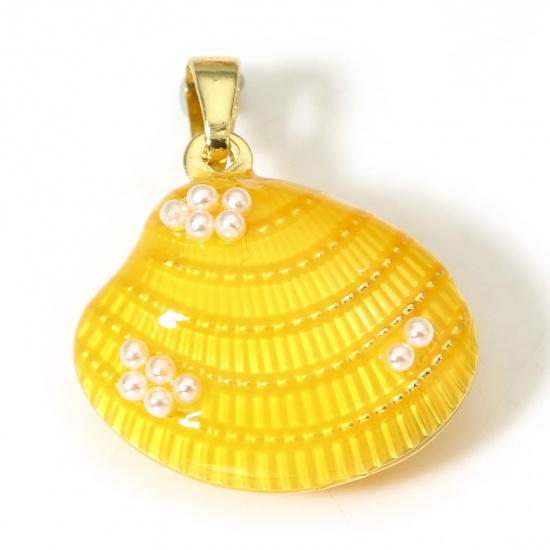 Picture of 1 Piece Brass Ocean Jewelry Charm Pendant 18K Real Gold Plated Yellow Shell Acrylic Imitation Pearl 24mm x 20mm