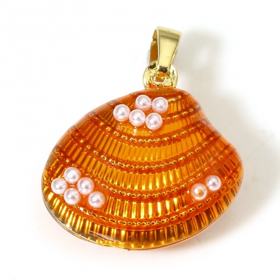 Picture of 1 Piece Brass Ocean Jewelry Charm Pendant 18K Real Gold Plated Orange Shell Acrylic Imitation Pearl 24mm x 20mm