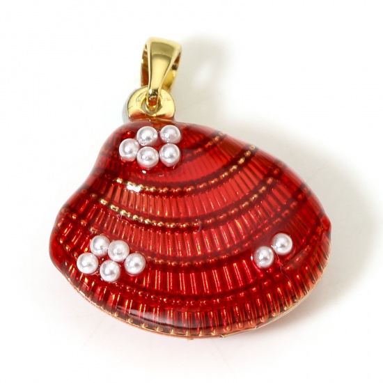 Picture of 1 Piece Brass Ocean Jewelry Charm Pendant 18K Real Gold Plated Red Shell Acrylic Imitation Pearl 24mm x 20mm