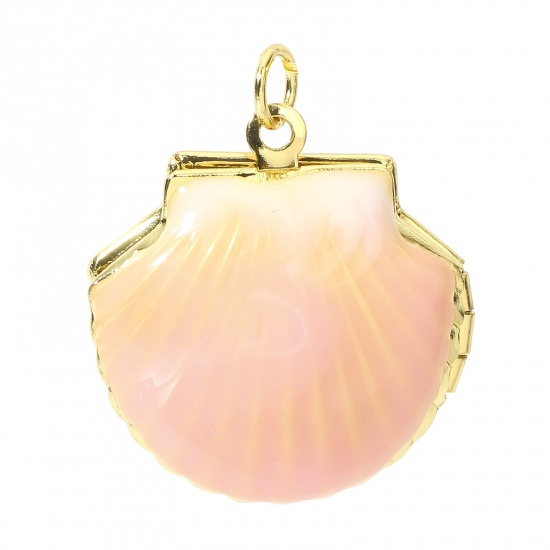 Picture of 1 Piece Brass Ocean Jewelry Picture Photo Locket Frame Pendents 18K Real Gold Plated Pink Shell Can Open 27mm x 22mm