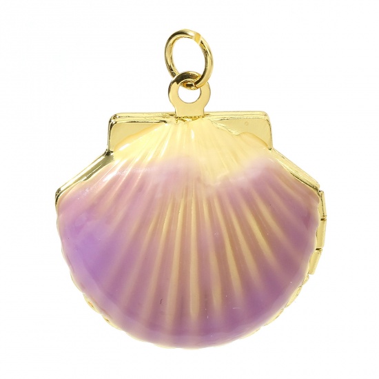 Picture of 1 Piece Brass Ocean Jewelry Picture Photo Locket Frame Pendents 18K Real Gold Plated Purple Shell Can Open 27mm x 22mm