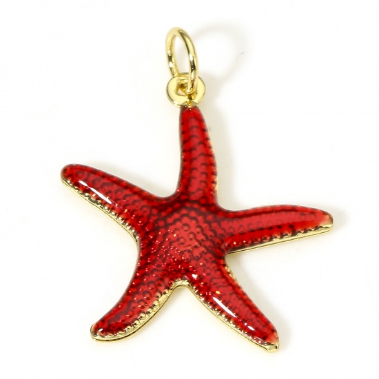 Picture of 1 Piece Brass Ocean Jewelry Charms 18K Real Gold Plated Red Star Fish Enamel 26mm x 20.5mm