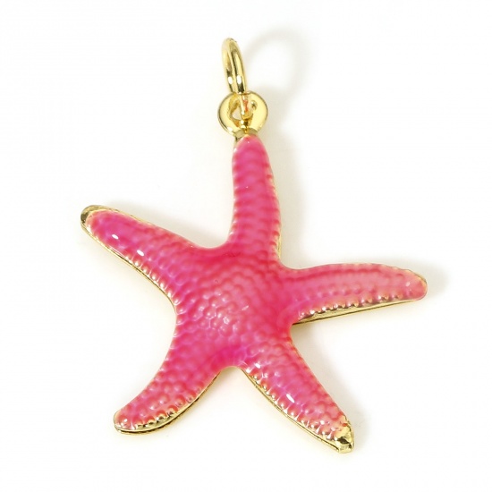 Picture of 1 Piece Brass Ocean Jewelry Charms 18K Real Gold Plated Pink Star Fish Enamel 26mm x 20.5mm