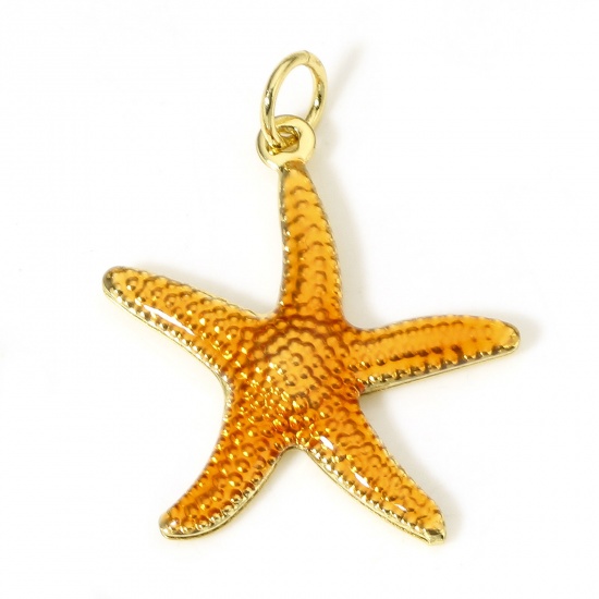 Picture of 1 Piece Brass Ocean Jewelry Charms 18K Real Gold Plated Orange Star Fish Enamel 26mm x 20.5mm