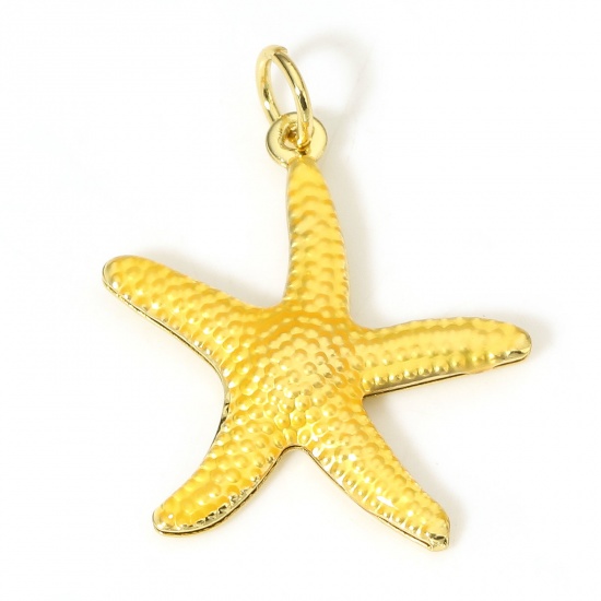 Picture of 1 Piece Brass Ocean Jewelry Charms 18K Real Gold Plated Yellow Star Fish Enamel 26mm x 20.5mm