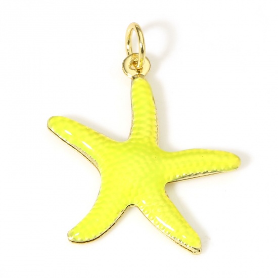 Picture of 1 Piece Brass Ocean Jewelry Charms 18K Real Gold Plated Lemon Yellow Star Fish Enamel 26mm x 20.5mm