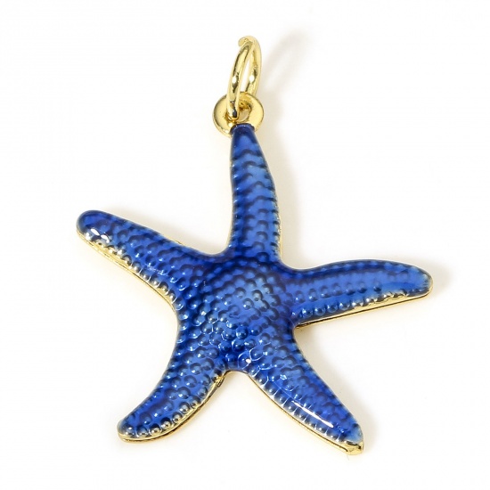 Picture of 1 Piece Brass Ocean Jewelry Charms 18K Real Gold Plated Dark Blue Star Fish Enamel 26mm x 20.5mm
