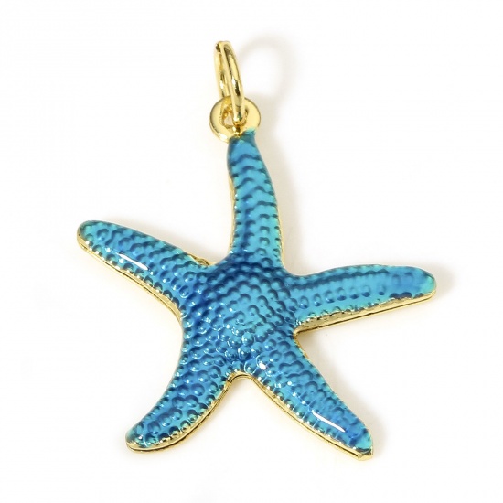 Picture of 1 Piece Brass Ocean Jewelry Charms 18K Real Gold Plated Peacock Blue Star Fish Enamel 26mm x 20.5mm