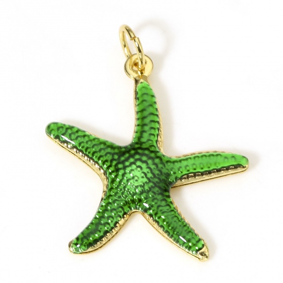 Picture of 1 Piece Brass Ocean Jewelry Charms 18K Real Gold Plated Green Star Fish Enamel 26mm x 20.5mm