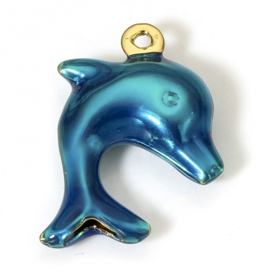 Picture of 1 Piece Brass Ocean Jewelry Charms 18K Real Gold Plated Peacock Blue Dolphin Animal Enamel 3D 19mm x 15mm
