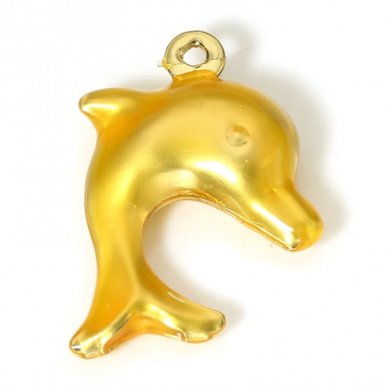 Picture of 1 Piece Brass Ocean Jewelry Charms 18K Real Gold Plated Yellow Dolphin Animal Enamel 3D 19mm x 15mm