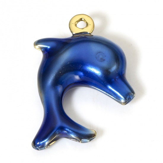 Picture of 1 Piece Brass Ocean Jewelry Charms 18K Real Gold Plated Dark Blue Dolphin Animal Enamel 3D 19mm x 15mm