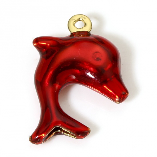 Picture of 1 Piece Brass Ocean Jewelry Charms 18K Real Gold Plated Red Dolphin Animal Enamel 3D 19mm x 15mm