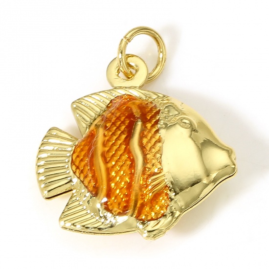 Picture of 1 Piece Brass Ocean Jewelry Charms 18K Real Gold Plated Orange Fish Animal Enamel 3D 21mm x 17.5mm