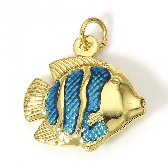 Picture of 1 Piece Brass Ocean Jewelry Charms 18K Real Gold Plated Peacock Blue Fish Animal Enamel 3D 21mm x 17.5mm