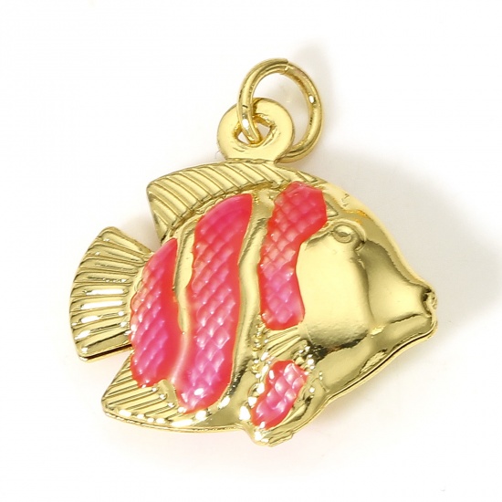 Picture of 1 Piece Brass Ocean Jewelry Charms 18K Real Gold Plated Pink Fish Animal Enamel 3D 21mm x 17.5mm