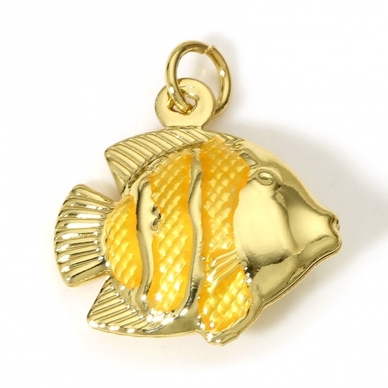 Picture of 1 Piece Brass Ocean Jewelry Charms 18K Real Gold Plated Yellow Fish Animal Enamel 3D 21mm x 17.5mm
