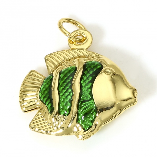 Picture of 1 Piece Brass Ocean Jewelry Charms 18K Real Gold Plated Green Fish Animal Enamel 3D 21mm x 17.5mm