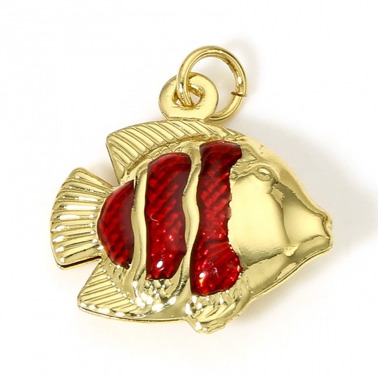 Picture of 1 Piece Brass Ocean Jewelry Charms 18K Real Gold Plated Red Fish Animal Enamel 3D 21mm x 17.5mm