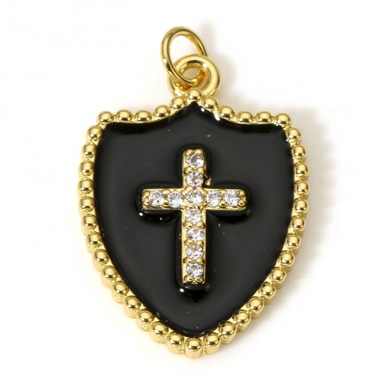 Immagine di 1 Pz Ottone Religione Charms Scudo 18K Vero Oro Placcato Nero Croce Smalto Trasparente Cubic Zirconiae 26mm x 18mm