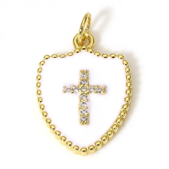 Immagine di 1 Pz Ottone Religione Charms Scudo 18K Vero Oro Placcato Bianco Croce Smalto Trasparente Cubic Zirconiae 26mm x 18mm