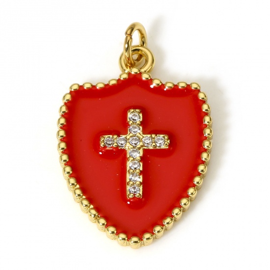 Immagine di 1 Pz Ottone Religione Charms Scudo 18K Vero Oro Placcato Rosso Croce Smalto Trasparente Cubic Zirconiae 26mm x 18mm