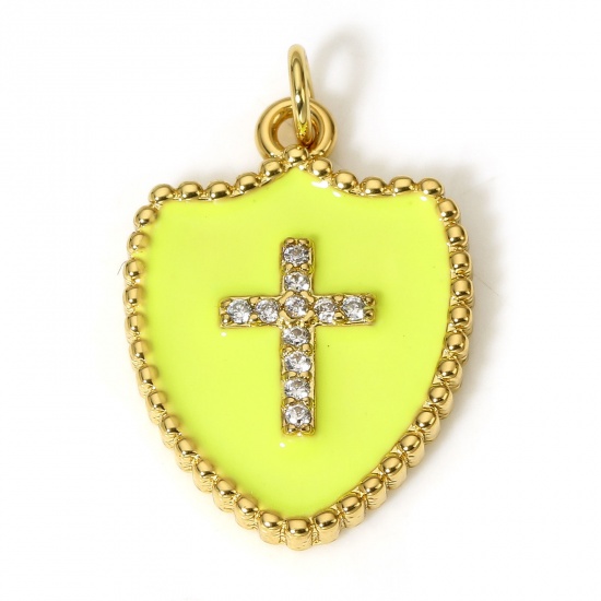 Immagine di 1 Pz Ottone Religione Charms Scudo 18K Vero Oro Placcato Giallo Croce Smalto Trasparente Cubic Zirconiae 26mm x 18mm