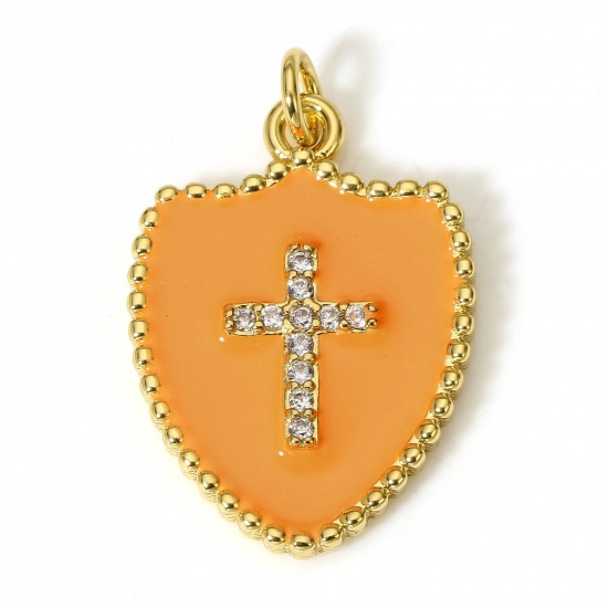 Immagine di 1 Pz Ottone Religione Charms Scudo 18K Vero Oro Placcato Arancione Croce Smalto Trasparente Cubic Zirconiae 26mm x 18mm