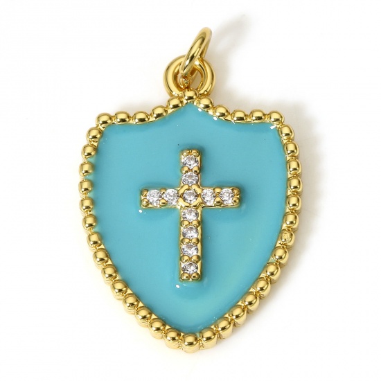 Immagine di 1 Pz Ottone Religione Charms Scudo 18K Vero Oro Placcato Verde Blu Croce Smalto Trasparente Cubic Zirconiae 26mm x 18mm