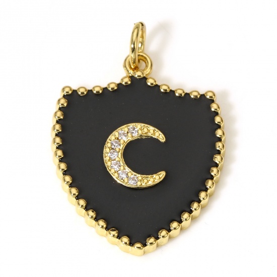 Immagine di 1 Pz Ottone Galassia Charms Scudo 18K Vero Oro Placcato Nero Luna Smalto Trasparente Cubic Zirconiae 26mm x 18mm