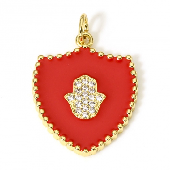 Immagine di 1 Pz Ottone Religione Charms Scudo 18K Vero Oro Placcato Rosso Mano Simbolo di Hamsa Smalto Trasparente Cubic Zirconiae 26mm x 18mm