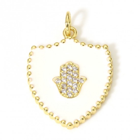 Immagine di 1 Pz Ottone Religione Charms Scudo 18K Vero Oro Placcato Bianco Mano Simbolo di Hamsa Smalto Trasparente Cubic Zirconiae 26mm x 18mm