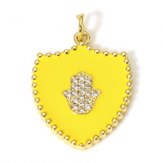 Immagine di 1 Pz Ottone Religione Charms Scudo 18K Vero Oro Placcato Giallo Mano Simbolo di Hamsa Smalto Trasparente Cubic Zirconiae 26mm x 18mm