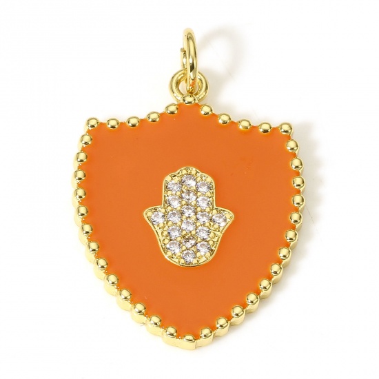 Immagine di 1 Pz Ottone Religione Charms Scudo 18K Vero Oro Placcato Arancione Mano Simbolo di Hamsa Smalto Trasparente Cubic Zirconiae 26mm x 18mm