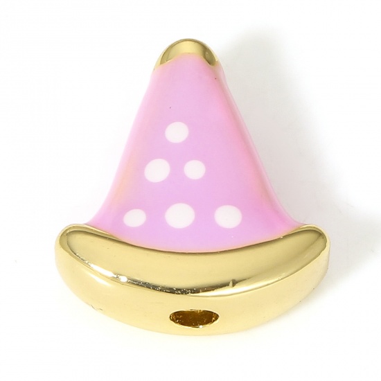 Immagine di 1 Pz Ottone Perline per la Creazione di Gioielli con Ciondoli Fai-da-te Colore Oro 18K Rosa Cappello Polka Dot Smalto Circa 12mmx 11.5mm, Foro:Circa 1.8mm