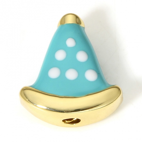 Immagine di 1 Pz Ottone Perline per la Creazione di Gioielli con Ciondoli Fai-da-te Colore Oro 18K Verde Blu Cappello Polka Dot Smalto Circa 12mmx 11.5mm, Foro:Circa 1.8mm